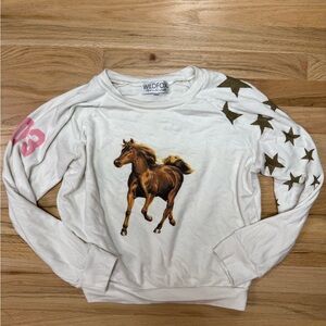Wildfox Cropped Long Sleeve Sweatshirt with Horse and Gold Stars